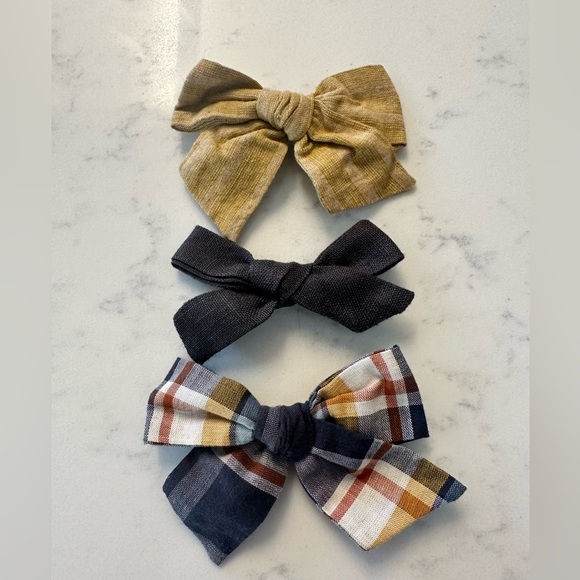 LITTLE POPPY COMPANY 3 fall bows yellow plaid gray brown lil co stripes - Picture 1 of 4